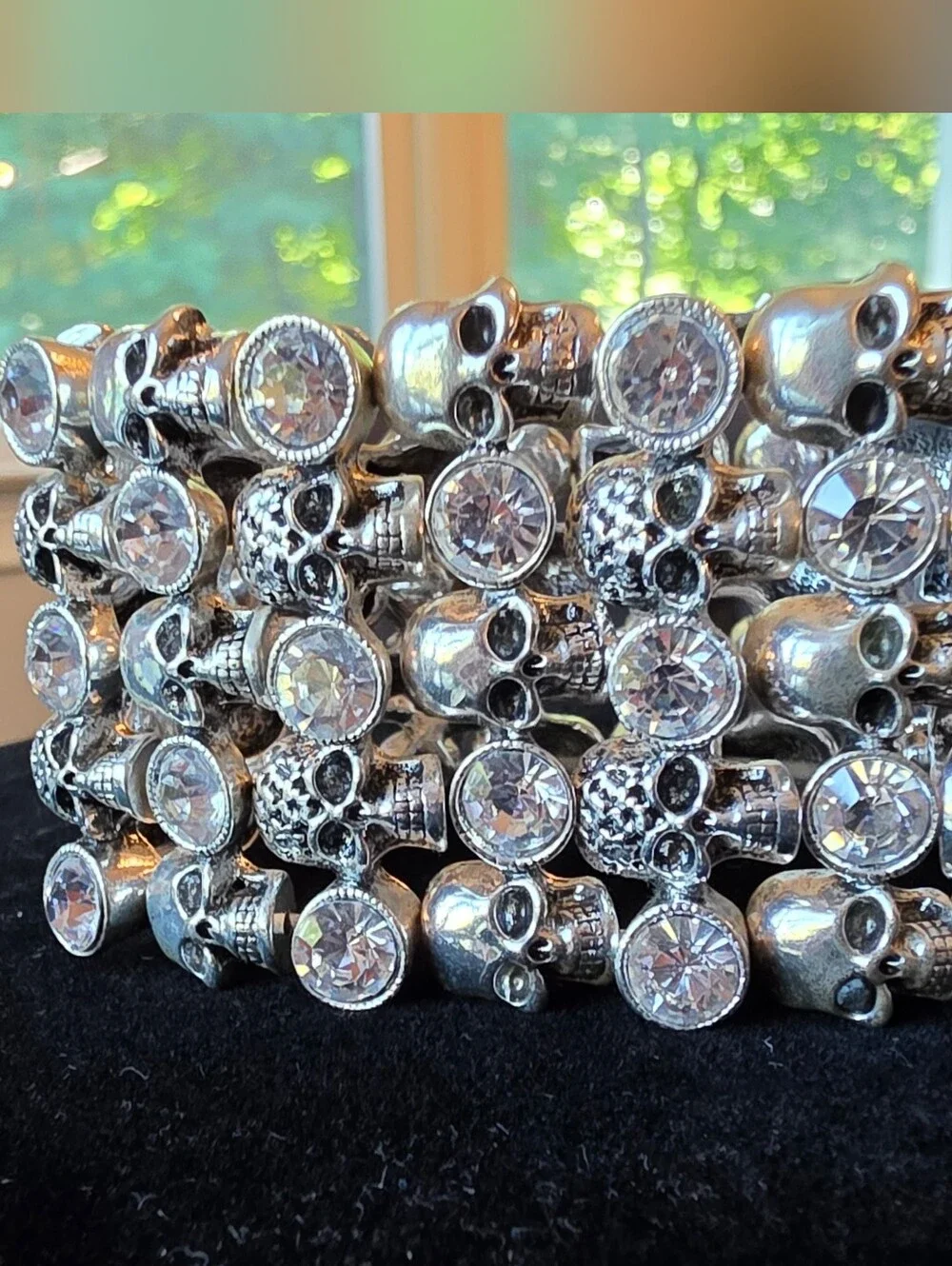 Silver Skull Rhinestone Wide Stretch Cuff